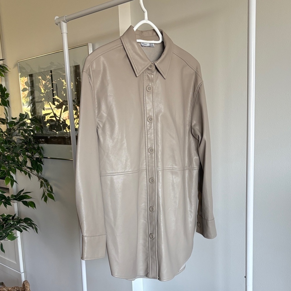 Taupe vegan Leather Button-Up Shirt